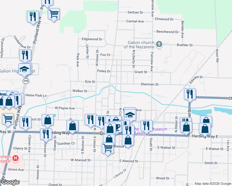 map of restaurants, bars, coffee shops, grocery stores, and more near 408 North Columbus Street in Galion