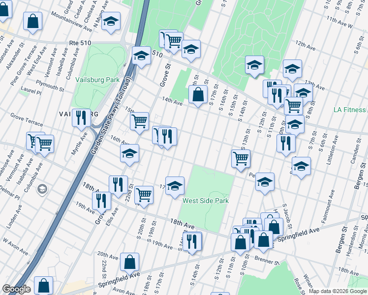 map of restaurants, bars, coffee shops, grocery stores, and more near 525 South 18th Street in Newark