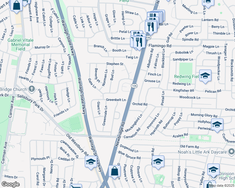 map of restaurants, bars, coffee shops, grocery stores, and more near 103 Myles Avenue in Levittown
