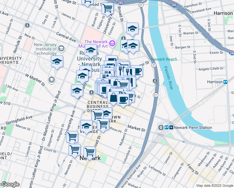 map of restaurants, bars, coffee shops, grocery stores, and more near 697 Broad Street in Newark