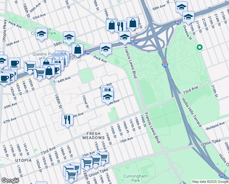 map of restaurants, bars, coffee shops, grocery stores, and more near 36 67th Avenue in Queens