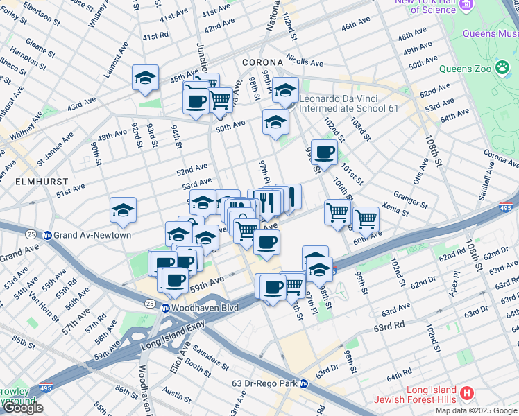 map of restaurants, bars, coffee shops, grocery stores, and more near 55-3 97th Street in Queens