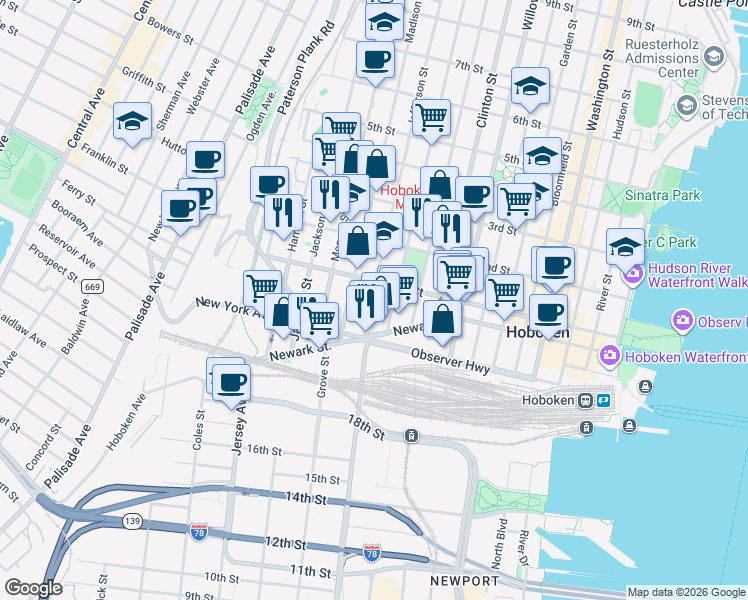 map of restaurants, bars, coffee shops, grocery stores, and more near 92 Jefferson Street in Hoboken