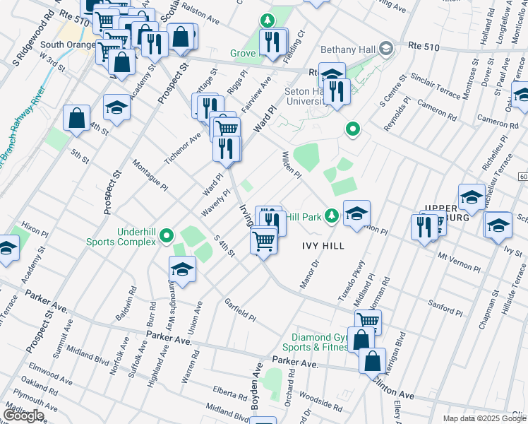 map of restaurants, bars, coffee shops, grocery stores, and more near 22 Eder Terrace in South Orange