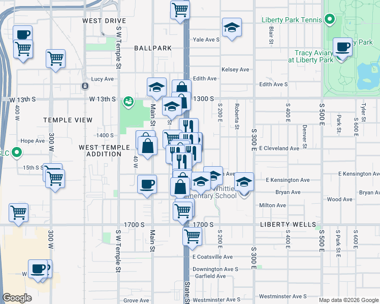 map of restaurants, bars, coffee shops, grocery stores, and more near 104 Cleveland Avenue South in Salt Lake City