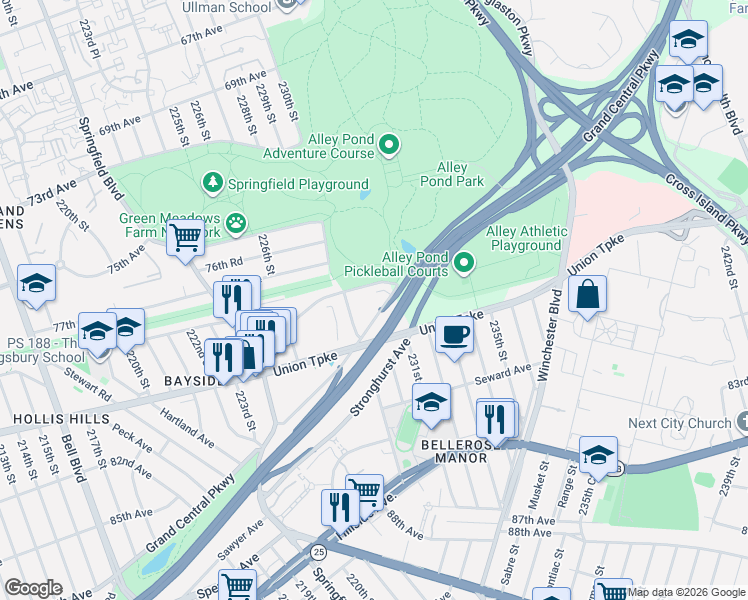 map of restaurants, bars, coffee shops, grocery stores, and more near 23010 Kingsbury Avenue in Queens
