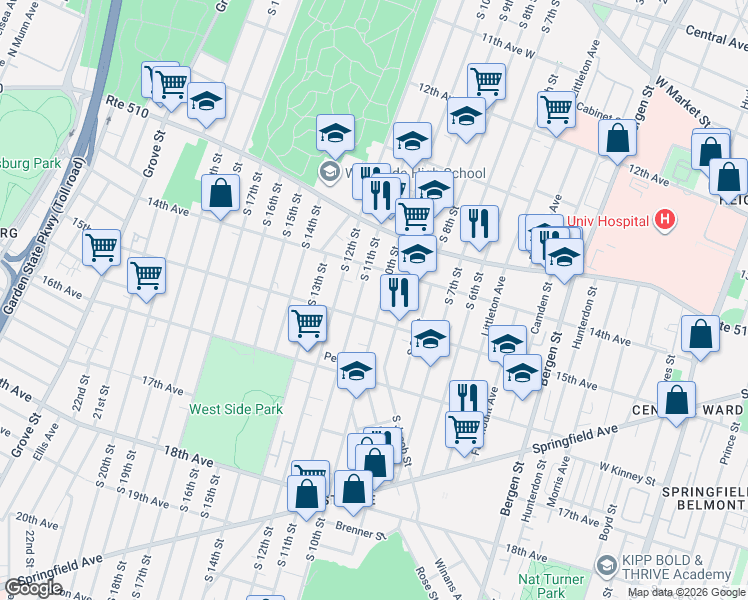 map of restaurants, bars, coffee shops, grocery stores, and more near 436 South 11th Street in Newark