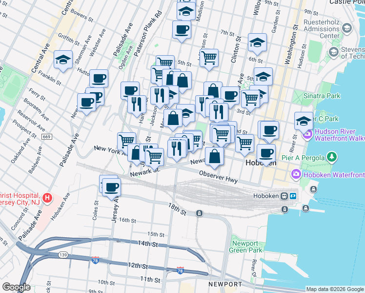 map of restaurants, bars, coffee shops, grocery stores, and more near 92 Jefferson Street in Hoboken