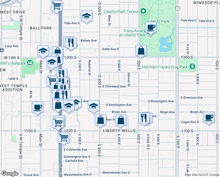 map of restaurants, bars, coffee shops, grocery stores, and more near 375 Cleveland Avenue South in Salt Lake City