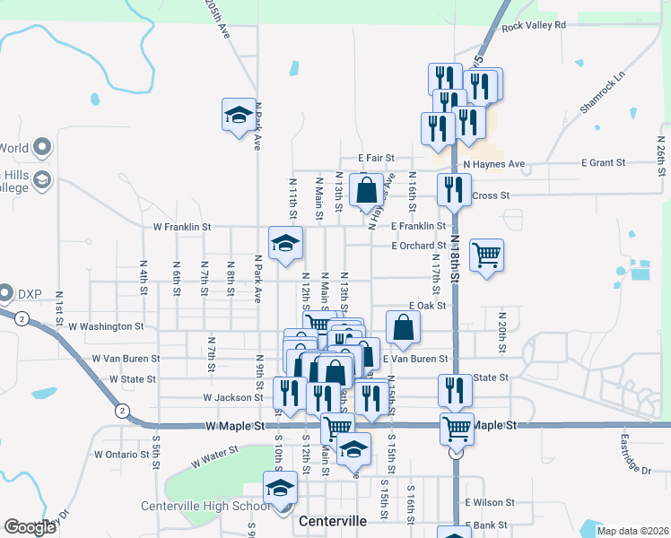 map of restaurants, bars, coffee shops, grocery stores, and more near 601-699 North Main Street in Centerville
