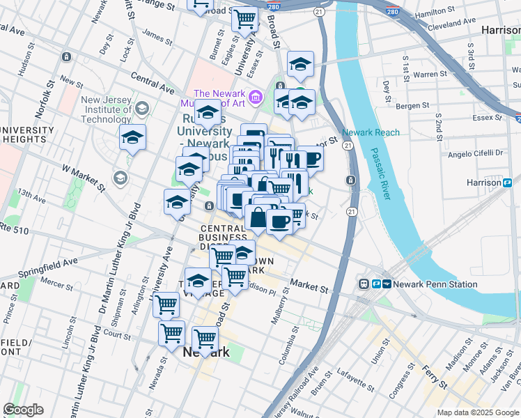 map of restaurants, bars, coffee shops, grocery stores, and more near 697 Broad Street in Newark