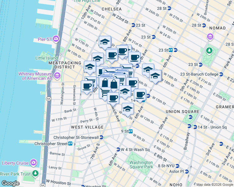map of restaurants, bars, coffee shops, grocery stores, and more near 219 West 13th Street in New York