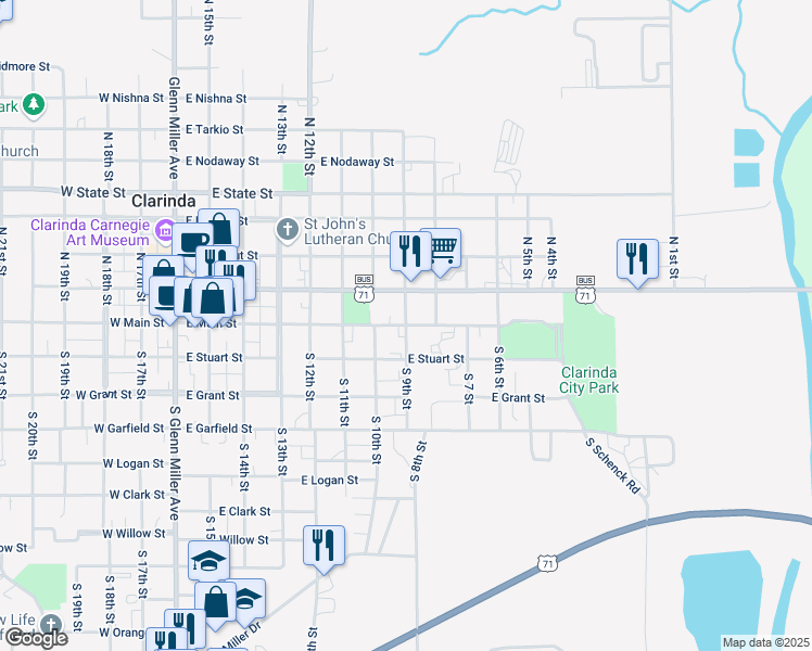 map of restaurants, bars, coffee shops, grocery stores, and more near 800 East Main Street in Clarinda