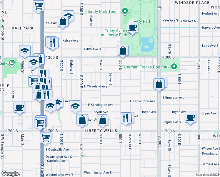 map of restaurants, bars, coffee shops, grocery stores, and more near 442 East Cleveland Avenue in Salt Lake City