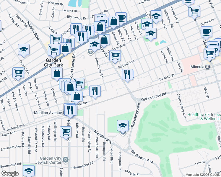 map of restaurants, bars, coffee shops, grocery stores, and more near 10 Tulip Place in New Hyde Park