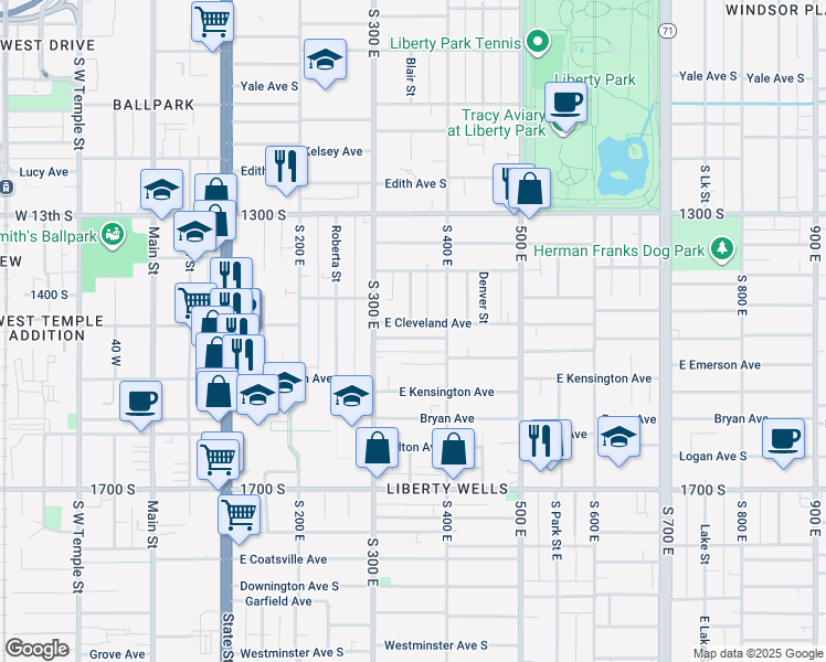 map of restaurants, bars, coffee shops, grocery stores, and more near 375 Cleveland Avenue South in Salt Lake City