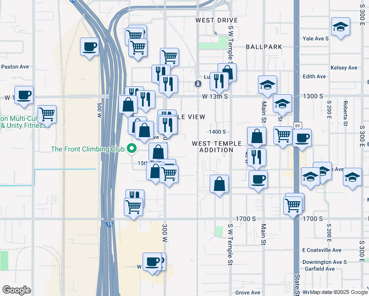 map of restaurants, bars, coffee shops, grocery stores, and more near 251 West 1400 South in Salt Lake City