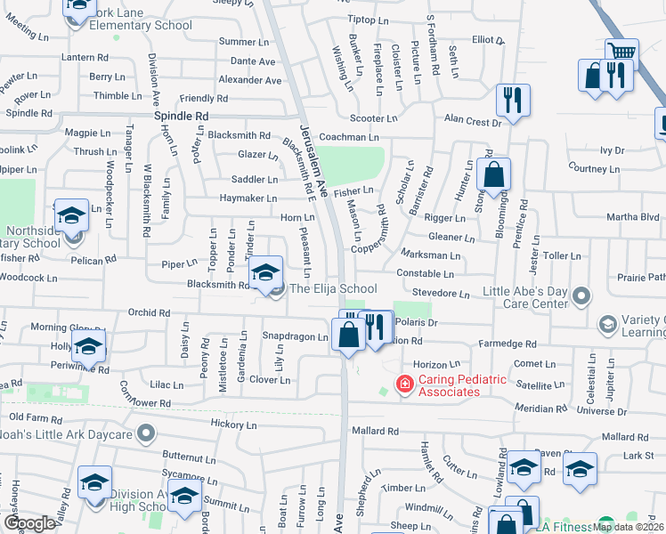 map of restaurants, bars, coffee shops, grocery stores, and more near 136 Blacksmith Road East in Levittown
