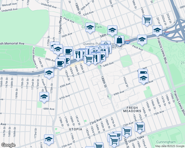map of restaurants, bars, coffee shops, grocery stores, and more near 64-5B 186th Lane in Queens