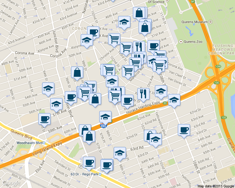 map of restaurants, bars, coffee shops, grocery stores, and more near 3 100th Street in Queens