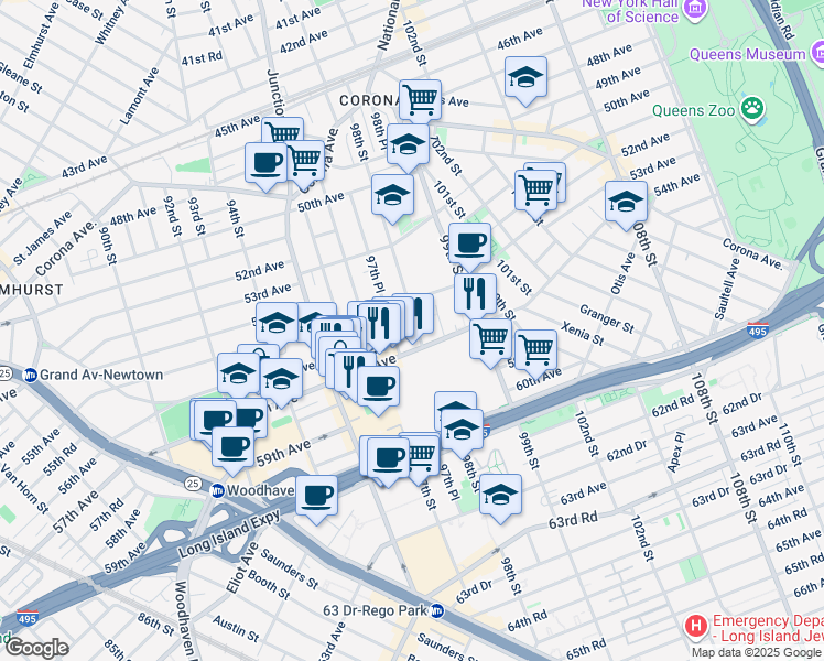 map of restaurants, bars, coffee shops, grocery stores, and more near 55-14 98th Street in Queens
