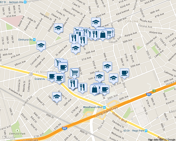 map of restaurants, bars, coffee shops, grocery stores, and more near 90-47 53rd Avenue in Queens