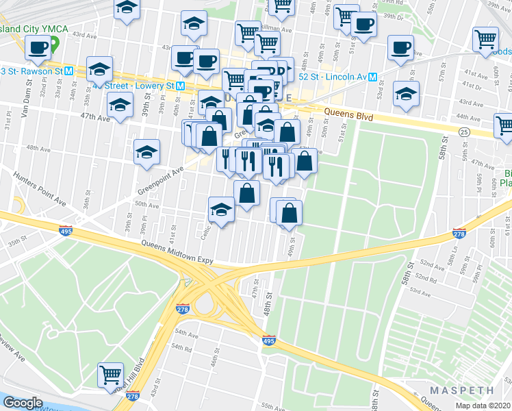 map of restaurants, bars, coffee shops, grocery stores, and more near 4829 46th Street in Queens