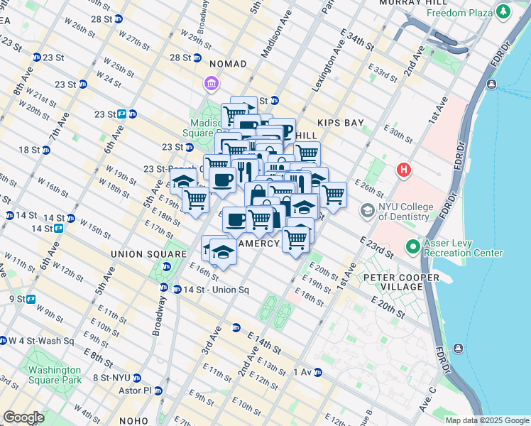 map of restaurants, bars, coffee shops, grocery stores, and more near 17 Lexington Avenue in New York
