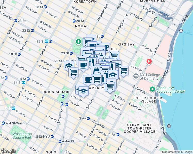 map of restaurants, bars, coffee shops, grocery stores, and more near 17 Lexington Avenue in New York
