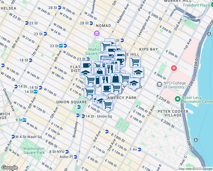map of restaurants, bars, coffee shops, grocery stores, and more near 2 Lexington Avenue in New York