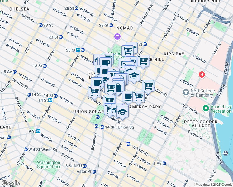 map of restaurants, bars, coffee shops, grocery stores, and more near 255 Park Avenue South in New York