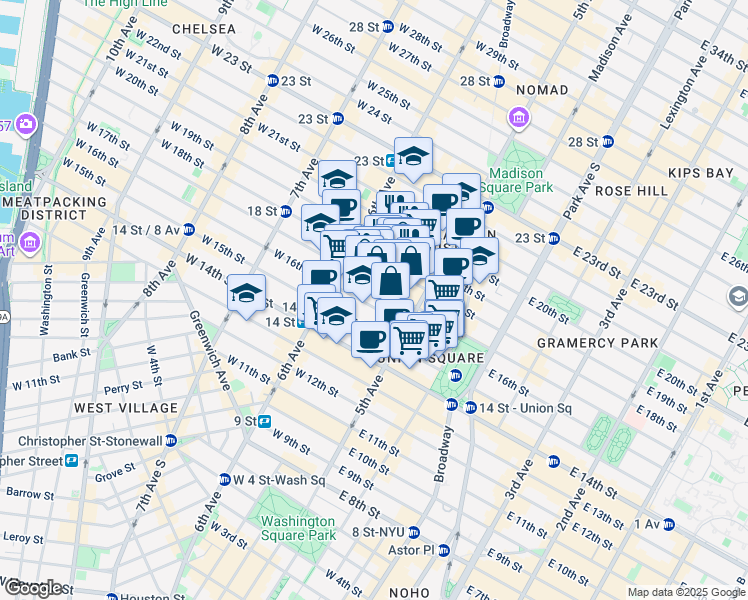 map of restaurants, bars, coffee shops, grocery stores, and more near 27 West 17th Street in New York