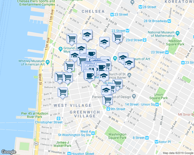 map of restaurants, bars, coffee shops, grocery stores, and more near 219 West 13th Street in New York