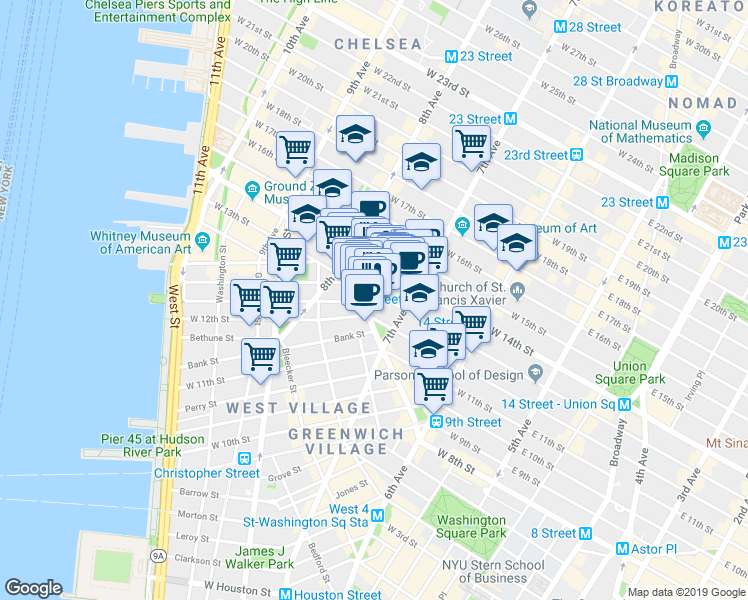 map of restaurants, bars, coffee shops, grocery stores, and more near 219 West 13th Street in New York