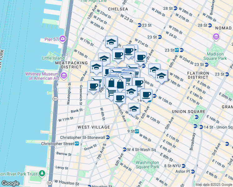 map of restaurants, bars, coffee shops, grocery stores, and more near 219 West 13th Street in New York