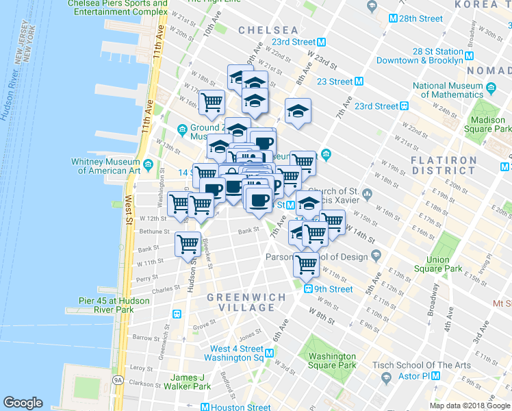map of restaurants, bars, coffee shops, grocery stores, and more near 121 Greenwich Avenue in New York