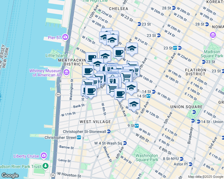 map of restaurants, bars, coffee shops, grocery stores, and more near 121 Greenwich Avenue in New York