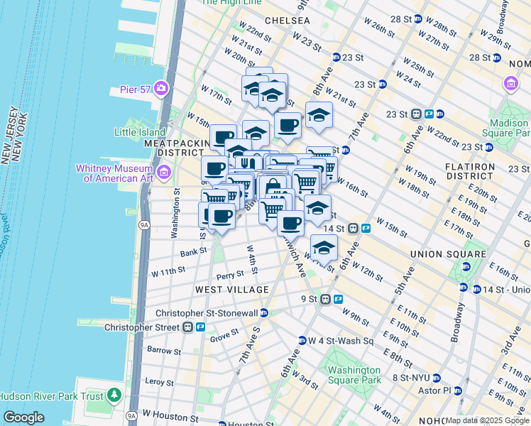 map of restaurants, bars, coffee shops, grocery stores, and more near 121 Greenwich Avenue in New York