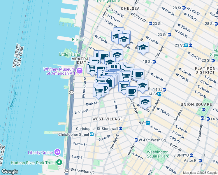 map of restaurants, bars, coffee shops, grocery stores, and more near 41 Jane Street in New York