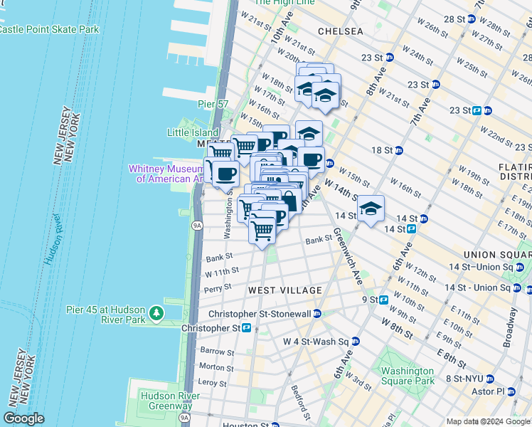map of restaurants, bars, coffee shops, grocery stores, and more near 616 Hudson Street in New York