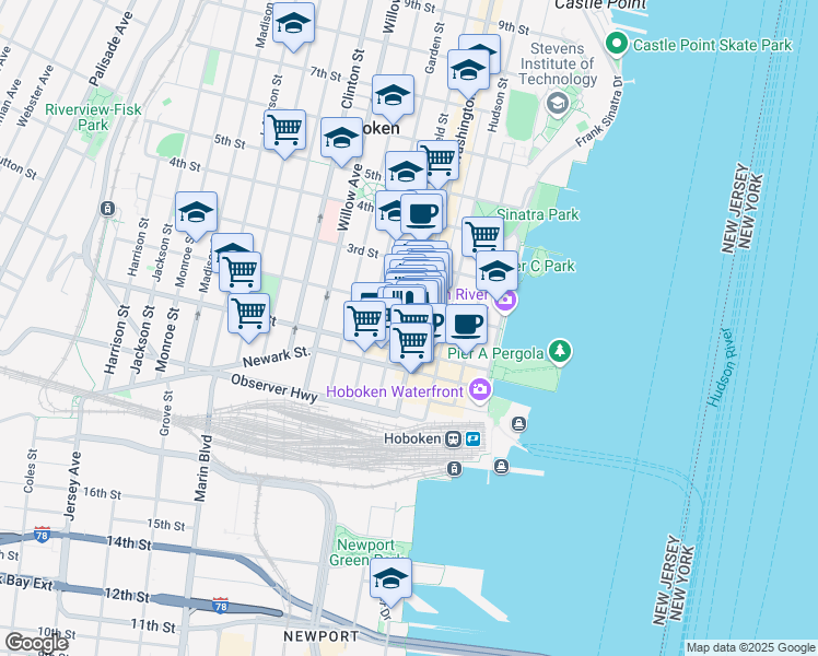 map of restaurants, bars, coffee shops, grocery stores, and more near 128 Washington Street in Hoboken