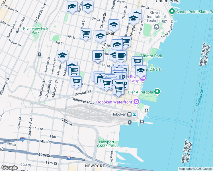 map of restaurants, bars, coffee shops, grocery stores, and more near in Hoboken