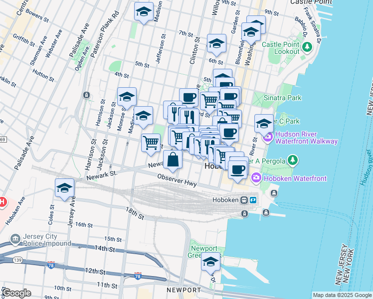 map of restaurants, bars, coffee shops, grocery stores, and more near 109 Willow Avenue in Hoboken