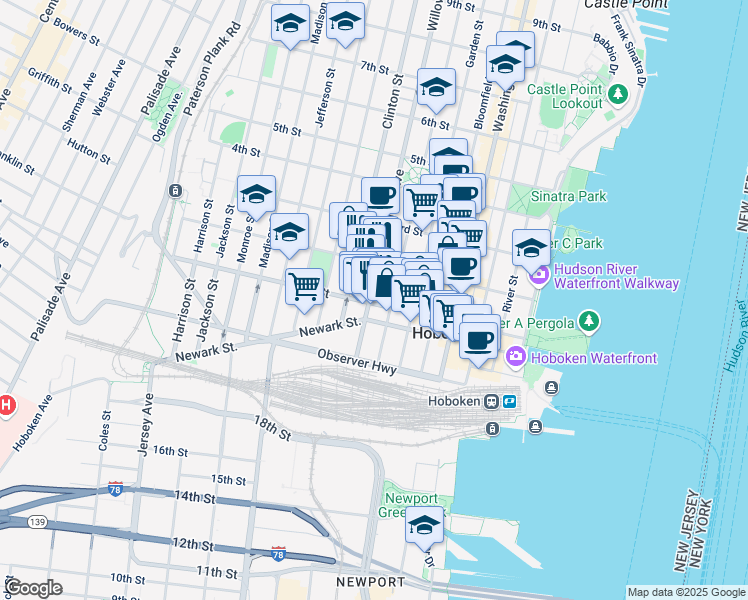map of restaurants, bars, coffee shops, grocery stores, and more near 109 Willow Avenue in Hoboken