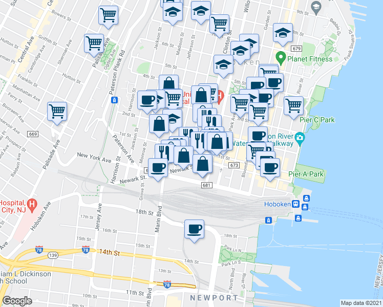 map of restaurants, bars, coffee shops, grocery stores, and more near 413a 1st Street in Hoboken