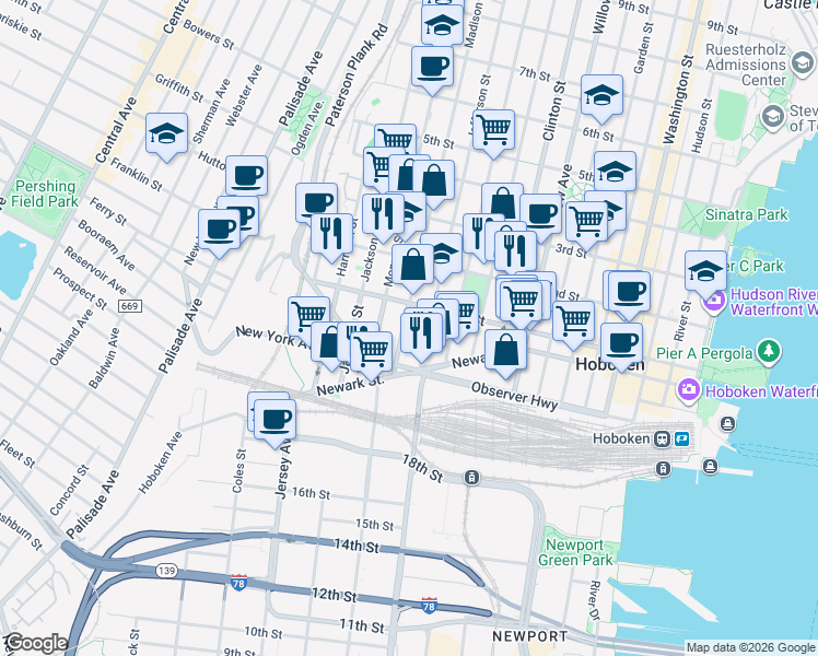 map of restaurants, bars, coffee shops, grocery stores, and more near 92 Jefferson Street in Hoboken