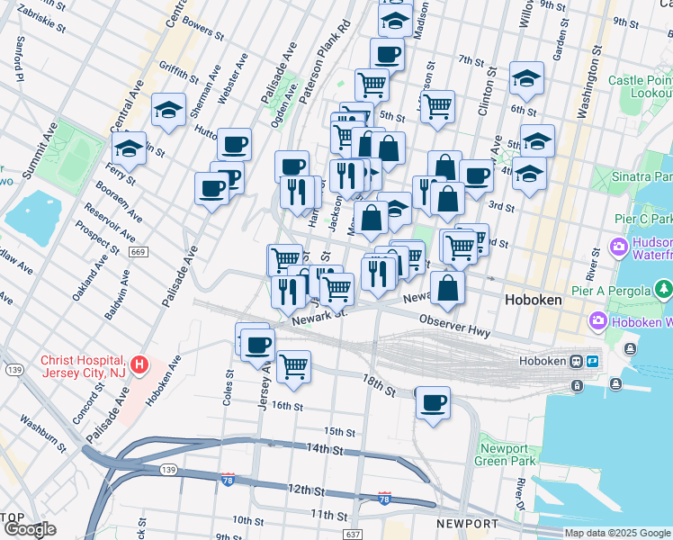 map of restaurants, bars, coffee shops, grocery stores, and more near 83 Monroe Street in Hoboken