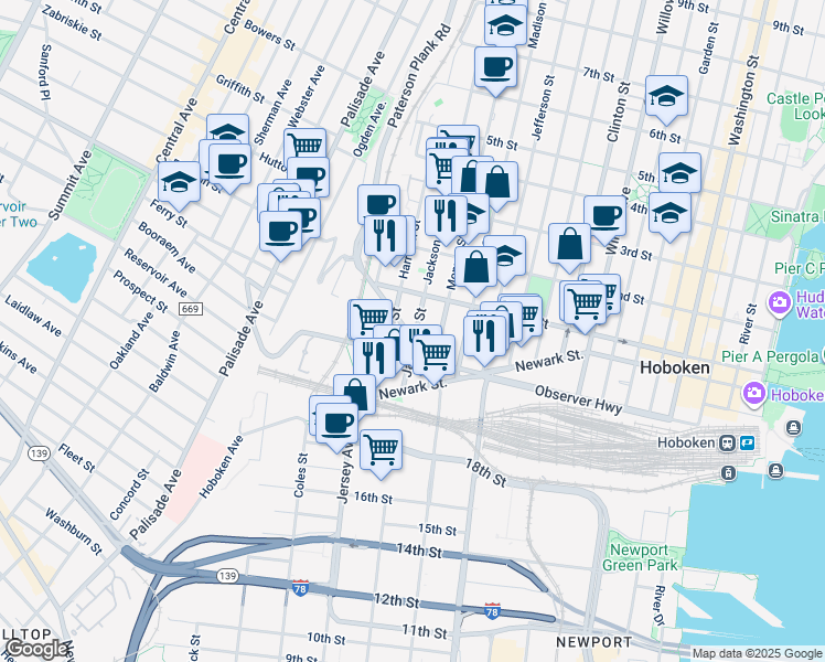 map of restaurants, bars, coffee shops, grocery stores, and more near 80 Jackson Street in Hoboken