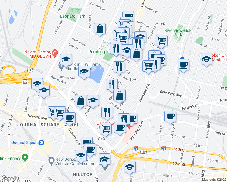 map of restaurants, bars, coffee shops, grocery stores, and more near 173 Oakland Avenue in Jersey City