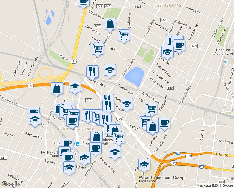 map of restaurants, bars, coffee shops, grocery stores, and more near in Jersey City